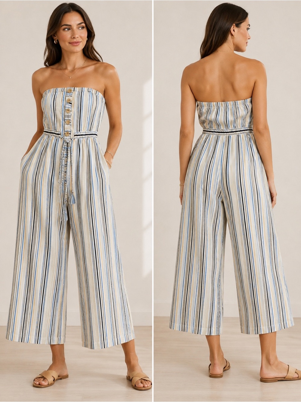 Blue Island Striped Strapless Wide Leg Jumpsuit Size Small